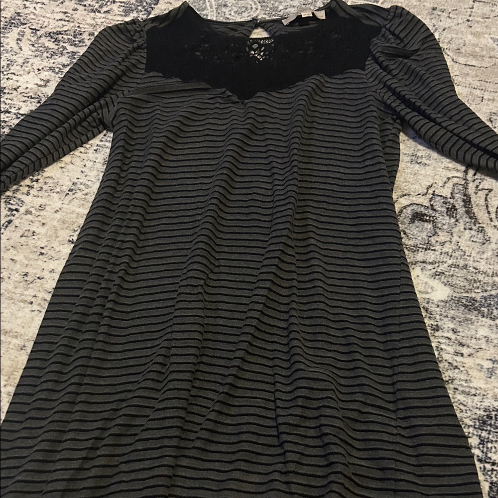 LOFT Black and Gray Striped Long Sleeve Dress